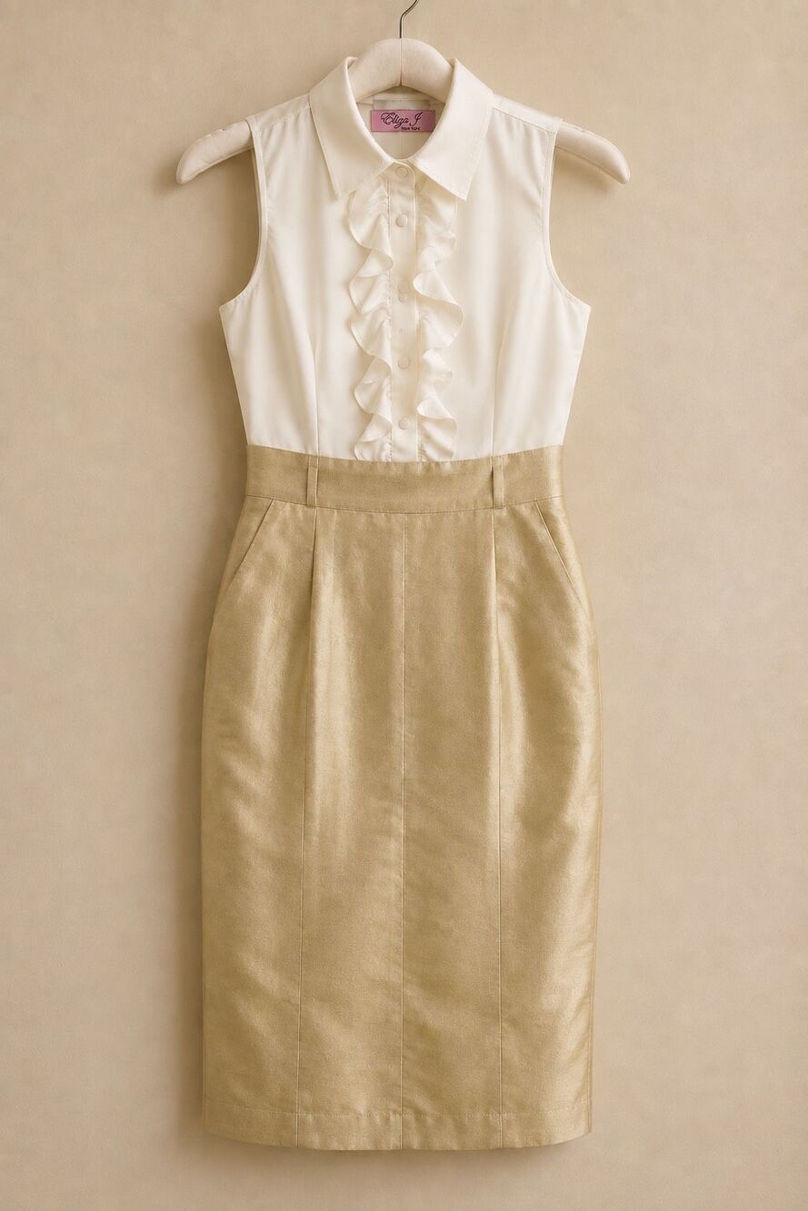Eliza J Size 6 Ivory Gold Silk Blend Ruffle Pencil Dress Pockets D-3